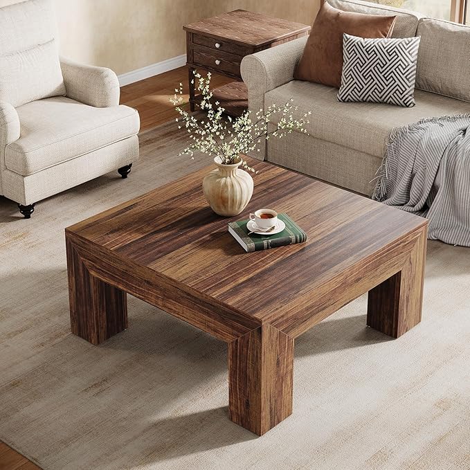 Tribesigns Farmhouse Square Coffee Table for Living Room, 39.37-Inch Low Large Center Tea Accent Table with Sturdy Legs, Easy Assembly (Dark Brown)