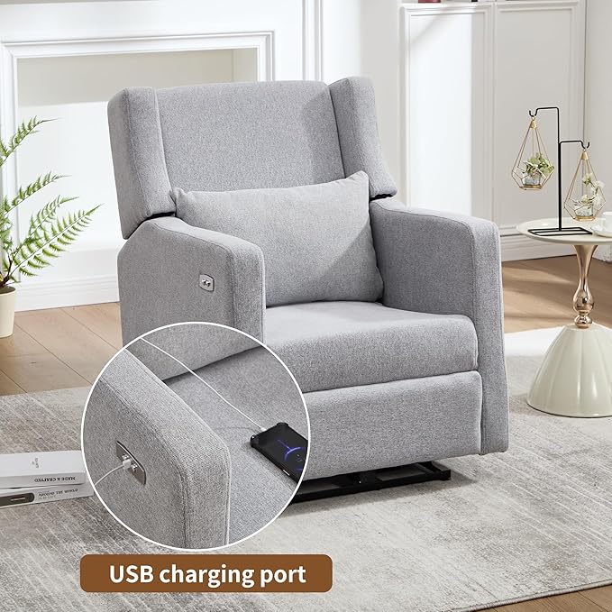 Power Recliner Chair for Adults, Adjustable Home Theater Seating with USB for Living Room, Modern Fabric Reclining - Light Grey