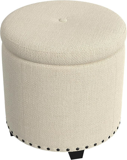 HomePop Home Decor | Upholstered Round Storage Ottoman with Nailheads| Ottoman with Storage for Living Room & Bedroom, Cream Woven