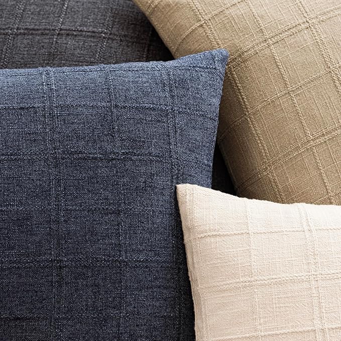 Foindtower Set of 2 Decorative Linen Check Throw Pillow Covers Neutral Farmhouse Vintage Cushion Covers Modern Boho Home Decor for Sofa Chair Couch Bedroom Living Room,20×20 Inch,Navy Blue