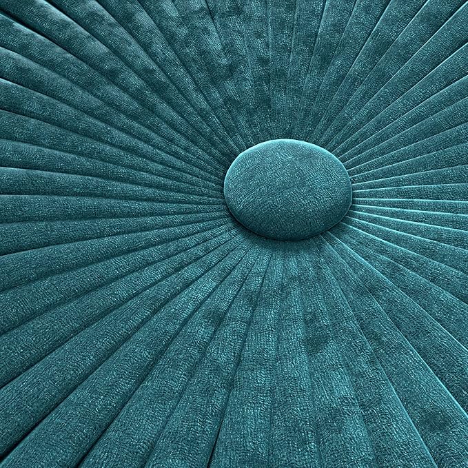 SIMPLIHOME Grafton Transitional Round Pouf in Teal Velvet Fabric for the Living Room, Bedroom and Kids Room