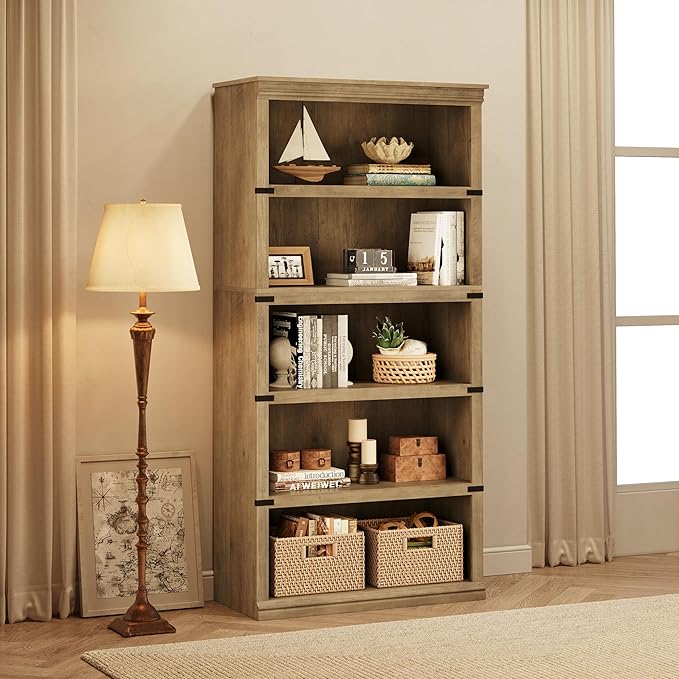 IDEALHOUSE 5 Tier Bookcase, Farmhouse Book Shelf with Storage Open Display Bookshelves, 67.4" Tall Book Case Wooden 5 Shelf Bookcase Home Decor Furniture for Home Office, Living Room, Bed Room - Grey