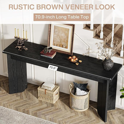 Tribesigns Farmhouse Console Table, 70.9-Inch Extra Long Console Table, Wood Sofa Table Behind Couch with Widened Tabletop & Sturdy Double Pedestal for Living Room, Hallway, Foyer (Black)