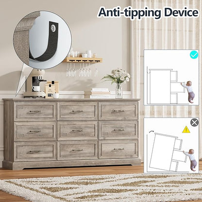9 Drawer Dresser for Bedroom, 63" Wide Wooden Chest of Drawers, Rustic Farmhouse Dresser with Large Drawers & Metal Handles, Modern Storage Organizer for Closet, Living Room, Hallway, Grey