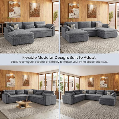Belffin Large Modular Sectional Sofa with Double Deep Chaise, 135" Corduroy U Shaped Sectional Couch with 9" Soft Dual-Layer 6 Seats U Shaped Couch for Living Room, Apartment, Light Grey