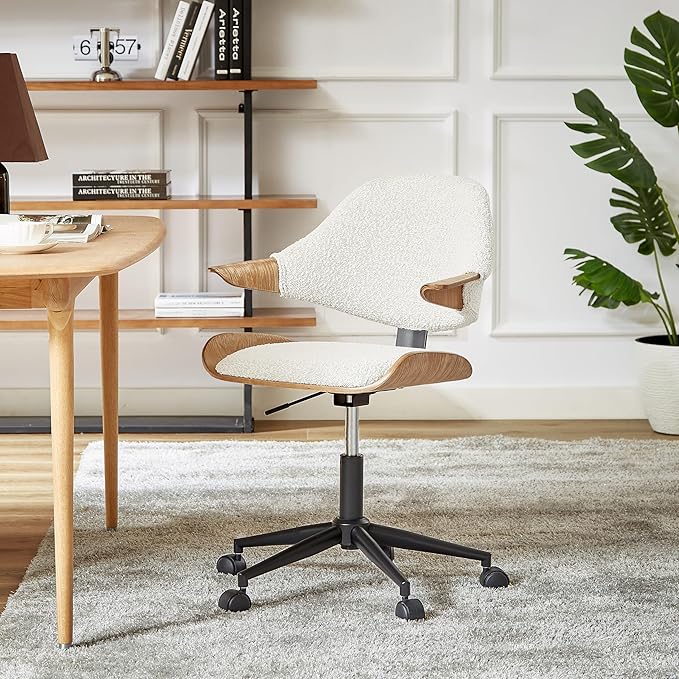 Art Leon Swivel Desk Chair, Mid Century Modern Office Chair with Wheels, Boucle Fabric Upholstered Arm Chair, Adjustable Height Task Chair with Metal Base, Washed Oak Bentwood, White