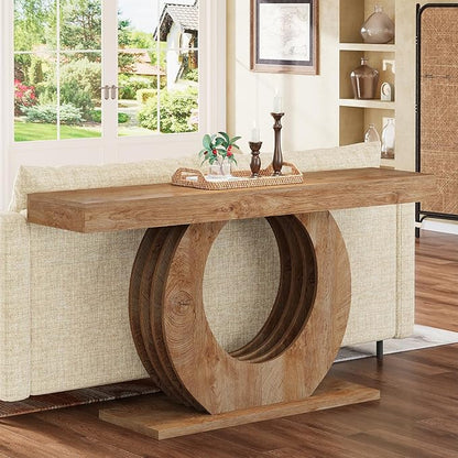 Tribesigns 63-Inch Console Sofa Table, Rustic Industrial Farmhouse Entryway Table, Narrow Long Couch Console Behind Sofa with Black Circle Base for Living Room Hallway, Light Brown