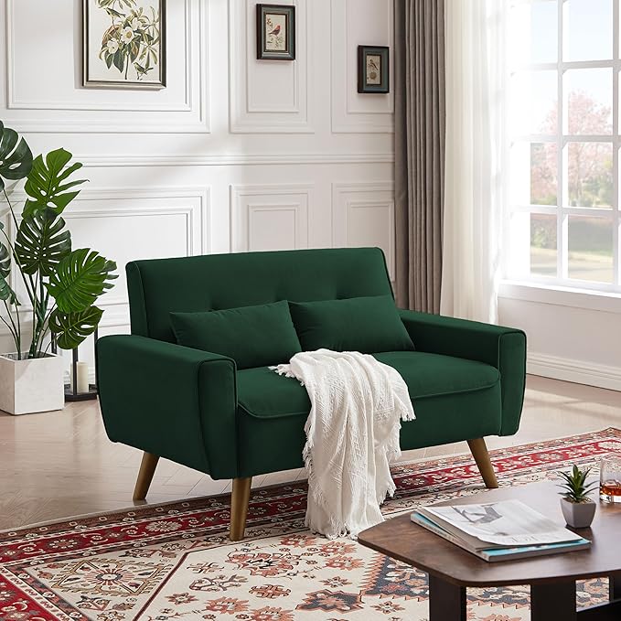 48" Small Loveseat Sofa, Mid Century Modern Love Seat Couch with Back Cushions and Plastic Legs, 2 Seater Couches for Living Room, Bedroom, Small Spaces, Green