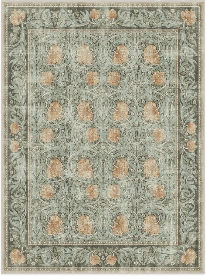RUGGABLE x Morris & Co Washable Area Rug – Pimpernel Vintage Green 9x12, Stain-Resistant, Non-Slip – Large Machine Washable Rugs for Living Room, Bedroom, Hallway, Entryway & Office–with Standard Pad