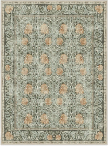 RUGGABLE x Morris & Co Washable Area Rug– Pimpernel Vintage Green 9x12, Stain-Resistant, Non-Slip – Large Machine Washable Rugs for Living Room, Bedroom, Hallway, Entryway & Office–with Cushioned Pad