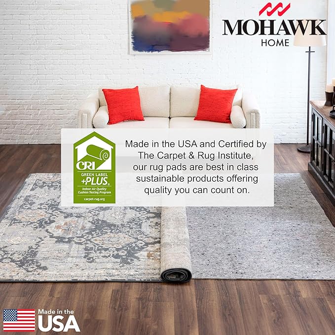 Mohawk Home 6' x 9' Non Slip Grip Rug Pad 3/8" Thick Dual Surface Felt Cushion + Rubber Gripper - Safe for All Floors