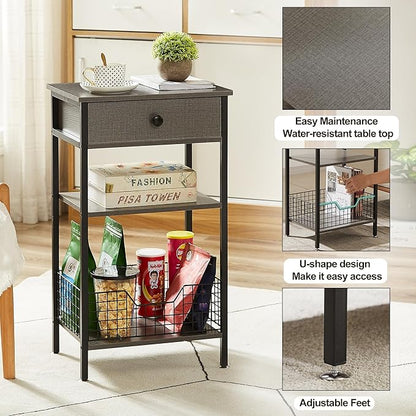 VECELO Tall Side End Table,Nightstands Shelf Storage Organizer with U-Shape Shlef Basket and Drawer for Telephone Entryway/Living Room/Bedroom/Kitchen,Small Spaces,Hemp Gray,27.5" H,1 Set