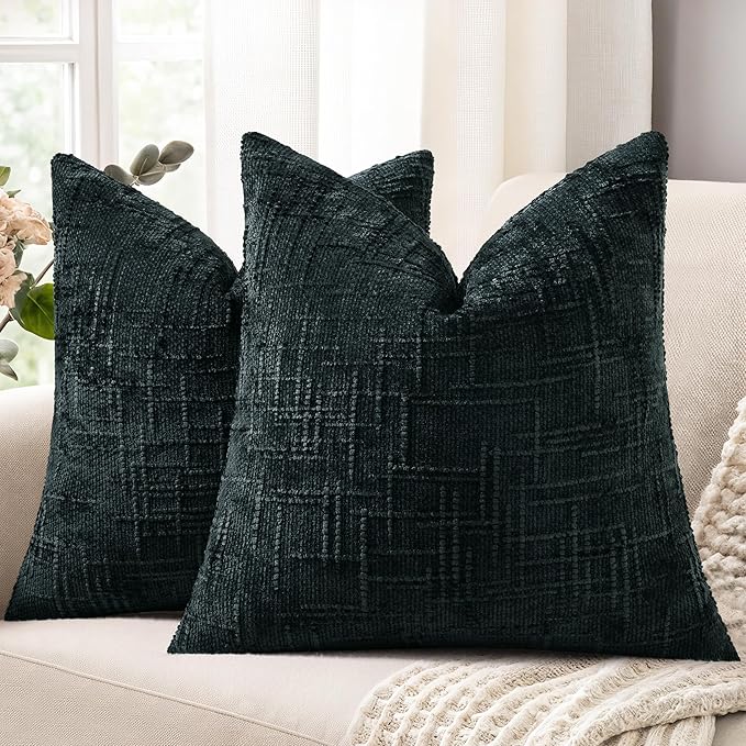 decorUhome Black Chenille Throw Pillow Covers 24x24 Set of 2 Thick Textured Slubby Couch Pillow Covers Farmhouse Accent Modern Neutral Decorative Pillow Cases for Bed Sofa Living Room