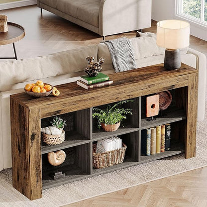 Tribesigns 63-Inch Long Console Table, Rustic Wood Entryway Table with 6 Storage Cubes, Industrial Narrow Sofa Table Behind Couch Table for Living Room, Hallway