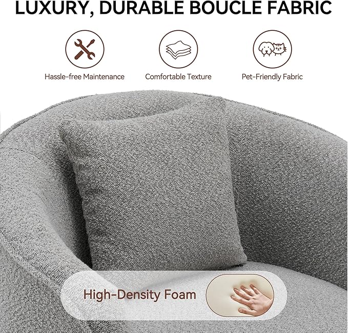Swivel Accent Chair Set of 2, Modern Upholstered Boucle Barrel Arm Chairs with Pillow for Living Room, 360 Degree Round Swivel Sherpa Armchair with Round Base for Bedroom Club (2, Grey)