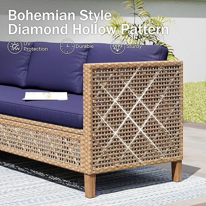PHI VILLA Wicker Patio Furniture Set, Sectional Outdoor Sofa with Cushions and Acacia Wood Coffee Table, L-Shaped Small Patio Conversation Set, Navy Blue