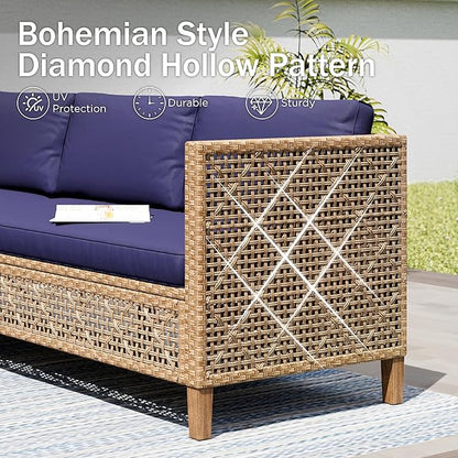 PHI VILLA Wicker Patio Furniture Set, Sectional Outdoor Sofa with Cushions and Acacia Wood Coffee Table, L-Shaped Small Patio Conversation Set, Navy Blue