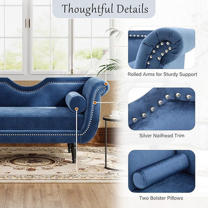 Christopher Knight Home Aurora Velvet Chaise Lounge Indoor with 2 Bolster Pillows, Upholstery Entryway Bench with Nailhead Trim & Curved Arms, End of Bed Bench Ottoman and Wooden Legs, Dark Blue