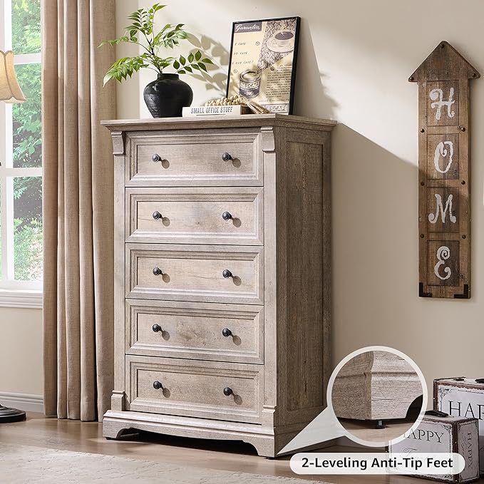 T4TREAM Farmhouse 5 Drawers Dresser for Bedroom, 47" Tall Wood Rustic Chest of Drawers, Vintage Design with Metal Handle, Light Rustic Oak