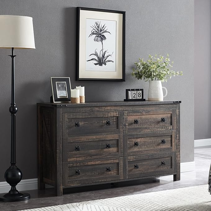 T4TREAM Farmhouse 6 Drawers Dresser for Bedroom, Wood Rustic Wide Chest of Drawers, Storage Dressers Organizer for Bedroom, Living Room, Hallway, Dark Rustic Oak