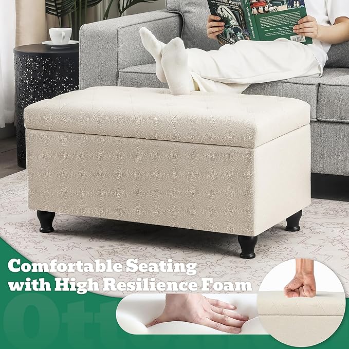 Ottoman with Storage 32'' Ottoman Storage Bench Fabric Ottomans Footstools Upholstered Foot Rest Stool for Couch, Living Room, Bedroom, Entrance Shoe Bench Beige