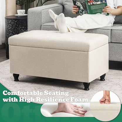 Ottoman with Storage 32'' Ottoman Storage Bench Fabric Ottomans Footstools Upholstered Foot Rest Stool for Couch, Living Room, Bedroom, Entrance Shoe Bench Beige