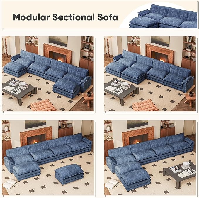 Furniwell Modular Sectional Sofa with Moveable Ottoman, Oversized 3-Seater Couch with Supportive Backrest, Chenille Convertible Sofa Couches for Living Room/Apartment (Blue, U Shaped)