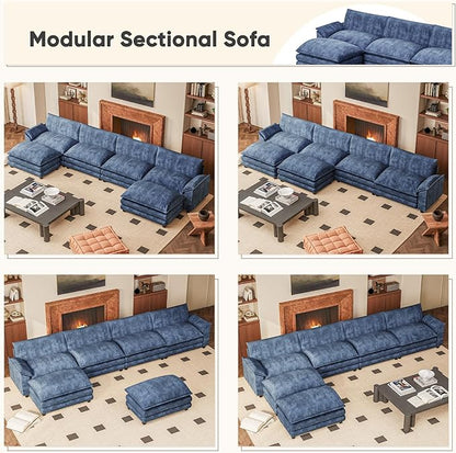 Furniwell Modular Sectional Sofa with Moveable Ottoman, Oversized 3-Seater Couch with Supportive Backrest, Chenille Convertible Sofa Couches for Living Room/Apartment (Blue, U Shaped)