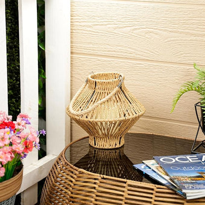 Alpine Corporation LAN420HH-BG-TM Hanging Woven Lantern with LED Candle and Timer, Boho Home Decor, 9" H, Beige
