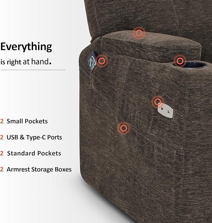 MCombo Lay Flat Dual Motor Power Lift Recliner Chair with Massage & Dual Heating, Arm Storage, Extended Footrest, USB A/C Ports & Cup Holders, Infinite Position for Elderly, Fabric LC002 (Brown)