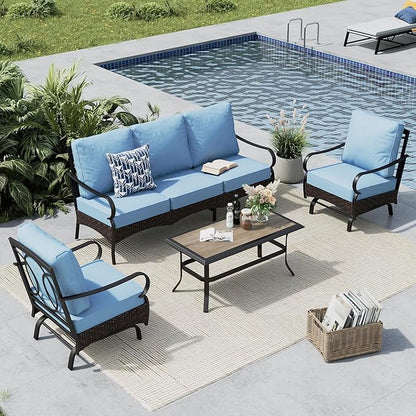 MFSTUDIO 4 Pieces Outdoor Patio Furniture Set, Metal Outdoor Conversation Set, Rattan Wicker Patio Sectional Sofa Set with 2 x Rocking Single Sofa, 3-Seat Sofa, 1 x Coffee Table, Blue