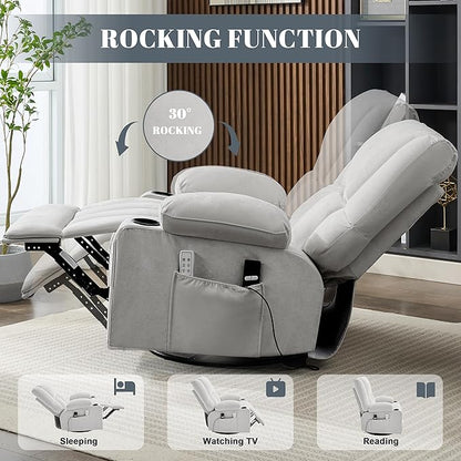 Swivel Rocker Chair with Heat and Massage, 270° Power Recliner Chairs for Adults, USB and Type-C Ports, Oversized Recliner Single Sofa, Electric Glider Chair(LightGrey)