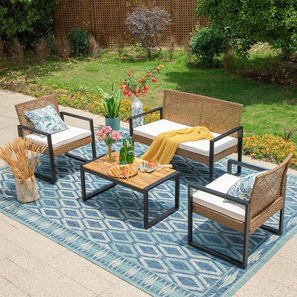 MFSTUDIO 4 Pieces Outdoor Patio Furniture Set, Outdoor Small Brown Rattan Sofa with Acacia Wood Table & Chairs, Patio Loveseat Furniture Set for 4, Beige
