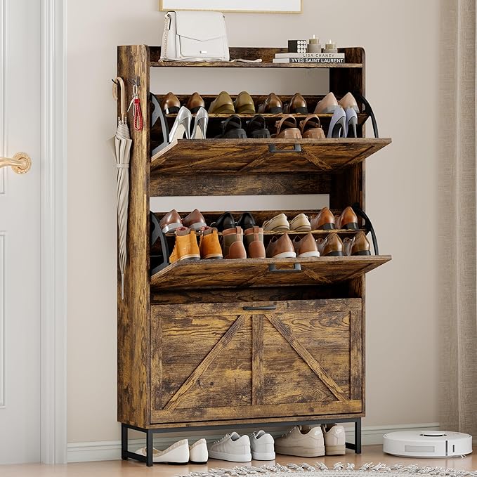 Shoe Cabinet Storage for Entryway, Shoe Storage Cabinet with 3 Flip Drawers, Freestanding Narrow Shoe Rack Organizer with Metal Legs & Side Hook for Foyer, Hallway, Brown