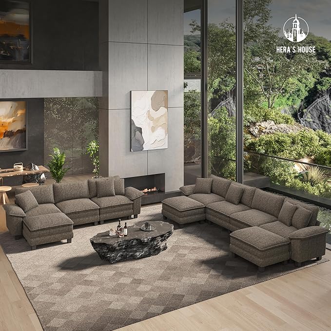 HERA'S HOUSE 124" Modular Sectional Sofa, Oversized Couches for Living Room, Comfy Cloud Couch 3-Seater Deep Seat Sofa with Throw Pillow, Chenille Ash
