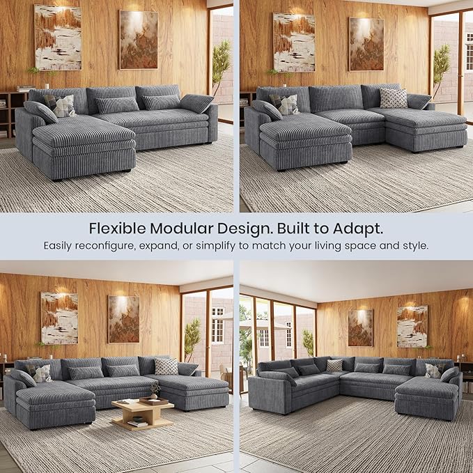 Belffin Large Modular Sectional Sofa with Double 61" Loveseat, Corduroy Corner Couch with 9" Soft Dual-Layer Seats Cushion for Living Room, Apartment, Small Sapce, Light Grey