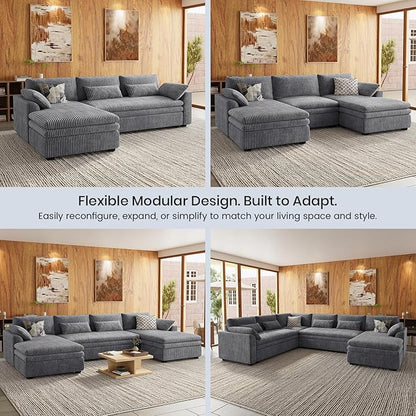 Belffin Large Modular Sectional Sofa with Double 61" Loveseat, Corduroy Corner Couch with 9" Soft Dual-Layer Seats Cushion for Living Room, Apartment, Small Sapce, Light Grey