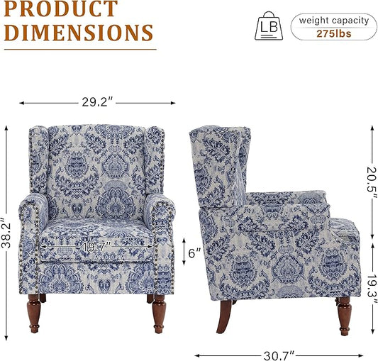Wingback Accent Chair, High Back Upholstered Armchair, Printed Fabric Wingback Arms Chairs with Wood Legs, Single Sofa Reading Chair for Bedroom Living Room, Navy