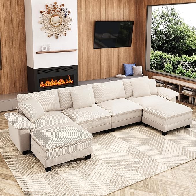157-Inch U Shaped Sectional Sofa with Cloud Cushions, Deep Seat Modular Couch Set w/ 6 Seats & 2 Ottomans, Plush Chenille & Corduroy Upholstery for Living Room, Apartment - Beige