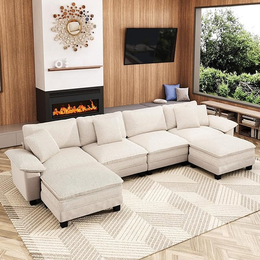 157-Inch U Shaped Sectional Sofa with Cloud Cushions, Deep Seat Modular Couch Set w/ 6 Seats & 2 Ottomans, Plush Chenille & Corduroy Upholstery for Living Room, Apartment - Beige