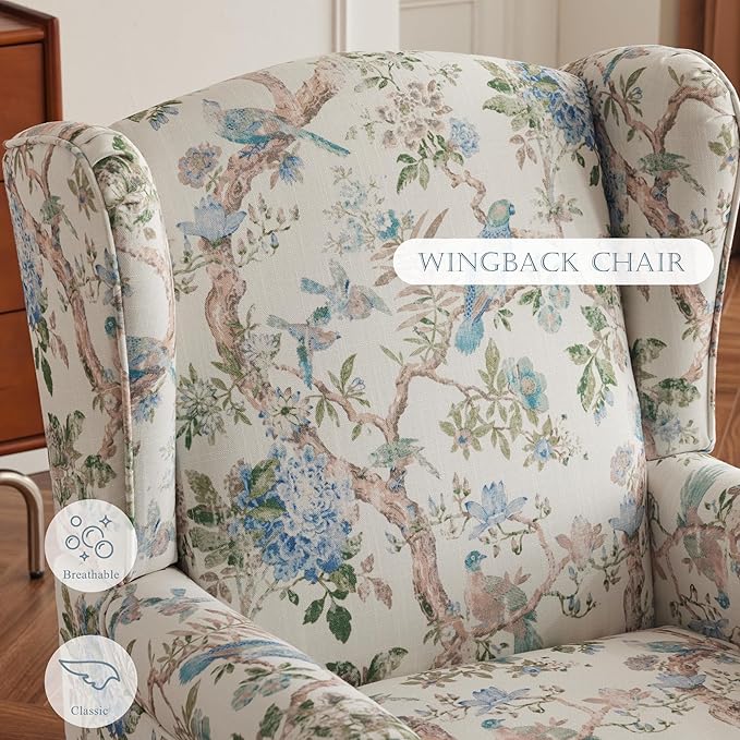 MELLCOM Floral Accent Chair, High Back Upholstered Armchair with Solid Legs, Leisure Single Sofa Chair for Living Room, Bedroom, Home Office, Light Blue Floral&Bird