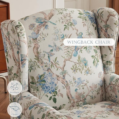 MELLCOM Floral Accent Chair, High Back Upholstered Armchair with Solid Legs, Leisure Single Sofa Chair for Living Room, Bedroom, Home Office, Light Blue Floral&Bird