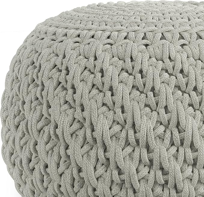 SIMPLIHOME Nisi Boho Round Knitted Outdoor/ Indoor Pouf in Light Grey Recycled PET Polyester for the Living Room, Bedroom and Kids Room