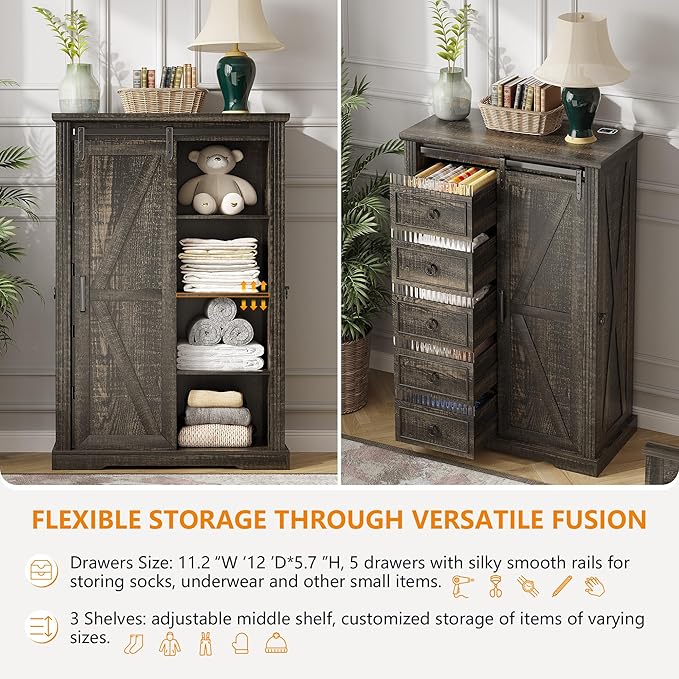 5 Drawers Dresser for Bedroom w/Sliding Barn Door, Farmhouse Wood Dresser with LED Lights, Chest of Drawers Tall Dressers for Bedroom, Living Room, Hallway, Kids Room, Brown