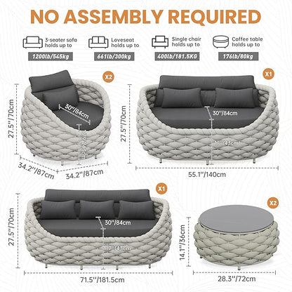 Patio Conversation Deck Furniture Sets: 6-Piece Aluminum Woven Rope Outdoor Sofa Set - Modern Cushions Couch Set - No Assembly Metal Porch Seating for Deck Yard Garden Lanai Pool Hotel Resort