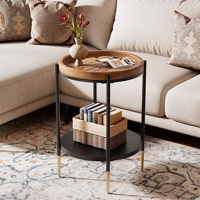Tribesigns Round Side Table, 2-Tier End Table with Solid Wood and Metal, Industrial Nightstand for Small Spaces, Living Room, Bedroom, Study Room (Rustic Brown)