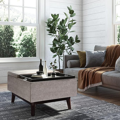 SIMPLIHOME Owen 34 inch Wide Mid Century Modern Rectangle Tray Top Small Coffee Table Storage Ottoman in Distressed Grey Vegan Faux Leather, Assembled, For the Living Room, Entryway and Family Room