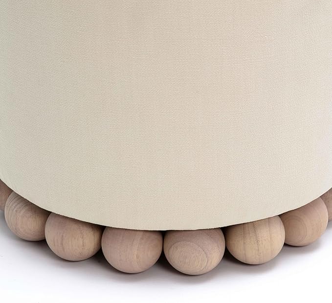 First of a Kind Ottoman Foot Rest - Cream Plywood Round Ottoman Stool with Solid Wood Spherical Orbs - 15.7" W x 15.7" D x 18.3" H - Handmade, Easy Clean, 330 lbs Weight Capacity
