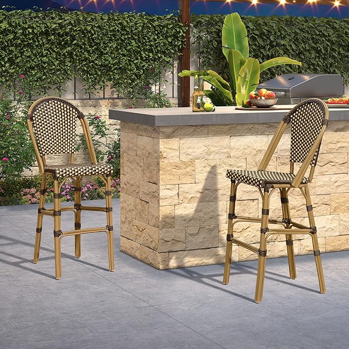 PURPLE LEAF French Counter Height Bar Stool Set of 4 25" Bamboo Print Finish Patio Bar Chairs with Back Rattan Bar Chairs French Bistro Set for Kitchen Outdoor Counter Stool Brown