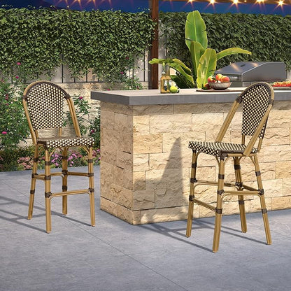 PURPLE LEAF French Counter Height Bar Stool Set of 4 25" Bamboo Print Finish Patio Bar Chairs with Back Rattan Bar Chairs French Bistro Set for Kitchen Outdoor Counter Stool Brown